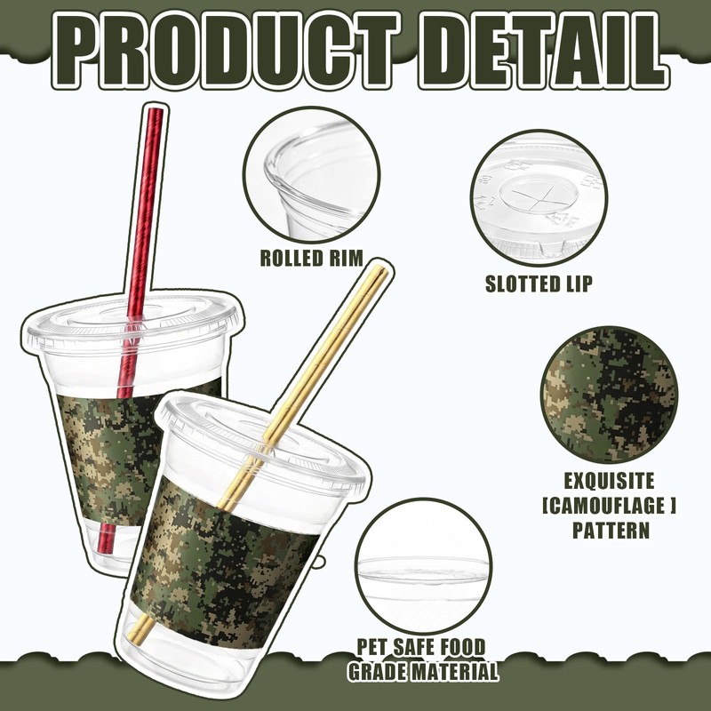 50 Pcs Party Plastic Cups with Lids and Straws, Camouflage