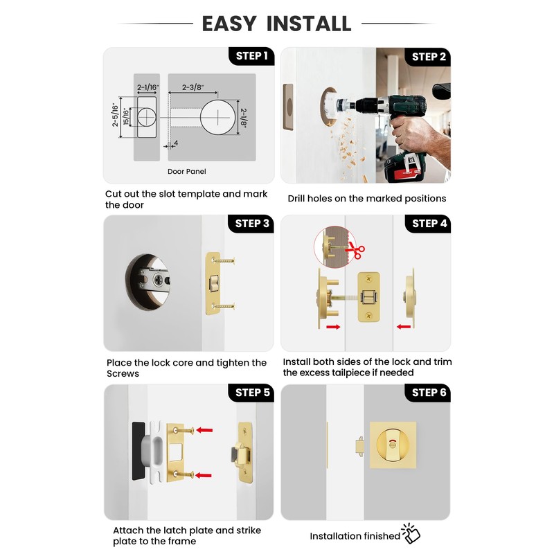 goldenwarm Brushed Gold Square Pocket Door Lock with Indicator, Pocket