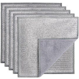 PIPUHA 2 in 1 Stainless Steel Scrubber & Microfiber Cleaning Cloth, 5 Pack Towel & Steel Scrub Cloth for Pans, Dishes, Countertops, Reusable Non-Scratch Cleaning Pad for Kitchen Sink