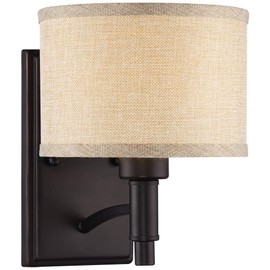 Franklin Iron Works La Pointe Farmhouse Rustic Wall Lamp Oil Rubbed Bronze Metal Hardwired 6 3/4" Fixture Oatmeal Linen Drum Shade for Bedroom Bedside Living Room Hallway Dining