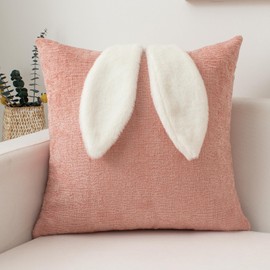 UGASA Easter Dimensional Rabbit Ears Pillow Cover 18x18 Inch Set of 1 Soft Luxury Chenille Cute Bunny Ears Decor Pillowcases for Happy Easter Spring Sofa Couch Chair Bedroom, Light Pink