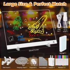 Meetory LED Drawing Board for Kids, Note Board with Colors, 13.8"X 9.8" 4 Modes & 6 Colors, Dry Erase Board with Light, Include Adapter, Hanging Chain, Stand, 12 Markers, Spray Bottle