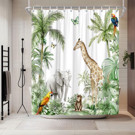 HYEEHY Jungle Animal Shower Curtain Forest Giraffe Elephant Rainforest Tropical Safari Green Plant Wildlife Zoo Parrot Watercolor Shower Curtains Set Bathroom Polyester Fabric Hooks (70" W x 70" L)