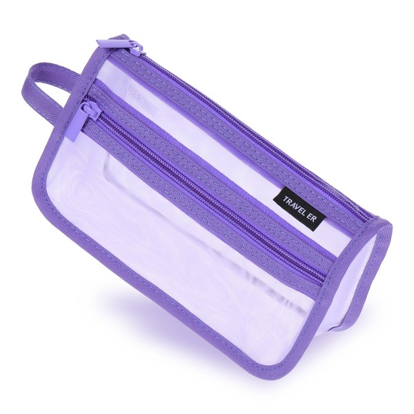 Grid Mesh Pencil Case with Handle and Zipper Double-Layer Pencil