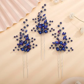 Rumtock 3pcs Blue Crystal Hair Pins Long Side Hair Piece for Wedding Brides Bridesmaid Boho Hair Accessories for Prom (Blue)