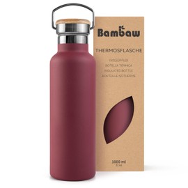Bambaw Thermal Flask 1.L Red Bottle, Stainless Steel Drinking Bottle, Large Water Bottle, 1 Litre Thermos Flask - Cherry Red