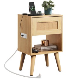 WLIVE Rattan Nightstand with Charging Station, Boho Night Stand, Small Bedroom Side Table, End Table with Drawer and Storage, Wood Bedside Tables for Bedroom, Small Spaces, Natural Oak