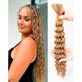 Deep Wave Bulk Braiding Hair Extensions-20 Inches 2 Bundles Blonde Synthetic Curly Hair Bundle for Braiding,No Weft Braids for Human（20"-2 Bundles,27#）