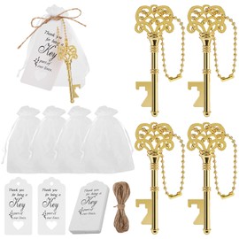 20 PCS Vintage Skeleton Key Bottle Opener with Organza Bags, Thank You Tags, Jute Rope and Chains - Perfect Wedding Gifts and Baby Shower Favors for Guests (Gold)