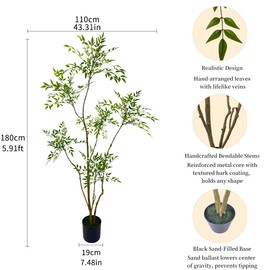 Artificial Nandina Domestica Tree, 6 ft Tall Indoor Plant, Potted Faux Greenery with Natural Stems