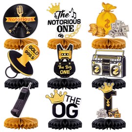 Weekgrat 9 Pcs the Notorious One Birthday Honeycomb Centerpieces Decorations Notorious One Theme First Birthday Table Centerpiece Hip Hop 1st Black and Gold Decor for 1st Year Old Baby Supply