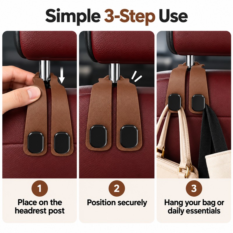 2-in-1 Car Headrest Hook for Bags – Compact Seat-Back Organizer