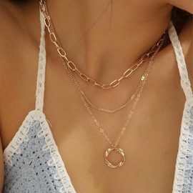 YANCHUN Gold Layered Stacked Necklaces for Women Trendy Dainty Gold Necklace Gold Paperclip Chain Circle Charm Necklace Women Gifts for Christmas