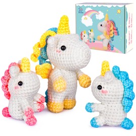 Kit de ganchillo para principiantes, Amigurumi de animales de ganchillo con tutoriales de video paso a paso, paquete de inicio de tejer para adultos y niños, Jumbo 3 unicornio Family (40% más contenido de hilo)