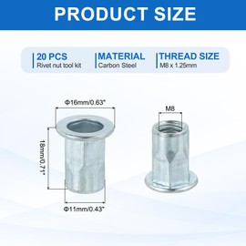 sourcing map 20Pcs M8 x 18mm Rivet Nut Thread Half Hexagonal Carbon Steel Hardware Nuts White Zinc-Plate Threaded Insert Nut Suitable for Furniture Industrial