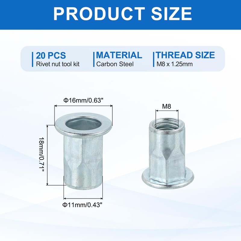 sourcing map 20Pcs M8 x 18mm Rivet Nut Thread Half