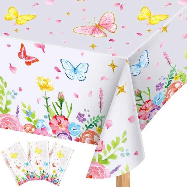 Butterfly Party Decorations Butterfly Birthday Tablecloth Rectangle Watercolor Tablecloth Butterfly Table Cover Summer Themed Plastic Tablecloth for Girl Shower Party Decor 102 x 51 Inch (3 Pack)