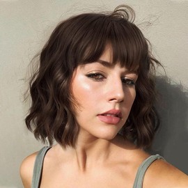 AISI HAIR Wavy Bob Wigs with Bangs for Women Short Wavy Bob Curly Wig Synthetic Natural Looking Heat Resistant Fiber Wig - Color: Dark brown