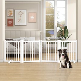 Solid Wood Freestanding Pet Gate - 4 Panels 24" - Folding Safety Fence with 2 Support Feet - Ideal for Stairs, Doorways, Halls, Kitchens - Indoor Wooden Dog Gate - White Color