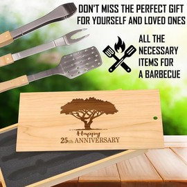 Quarter-Century Celebration: Happy 25th Anniversary BBQ Set, Engraved Spatula, Tongs, & Fork, Elegantly Packed in a Commemorative Box
