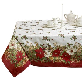 Violet Linen Decorative European Blossom Christmas Tablecloth, Poinsettia & Holly Berry Print - 60" x 84"