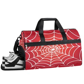 Kids Overnighter Duffel Bags for Boys Girls, Red Spider Web Carry-On Size Sports Gym Bag with Shoe Compartments for School Practice or Overnight Travel Weekender Sleepover Tote Bag