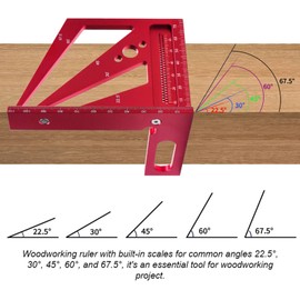 Uadme 3D-Gehrungswinkel, Zimmermannswinkel 22.5°-90° aus Aluminiumlegierung, Hochpräzises Multifunktionswerkzeug für Holzbearbeitung, Tischler, Ingenieure, Winkelmesser, Anreißwerkzeug (Rot)