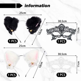 Pack of 2 Cat Ears with Bell Headbands, 2 Pieces Lace Eye Masks, Cute Plush, Soft and Comfortable Role Play, Creative Costume Decoration