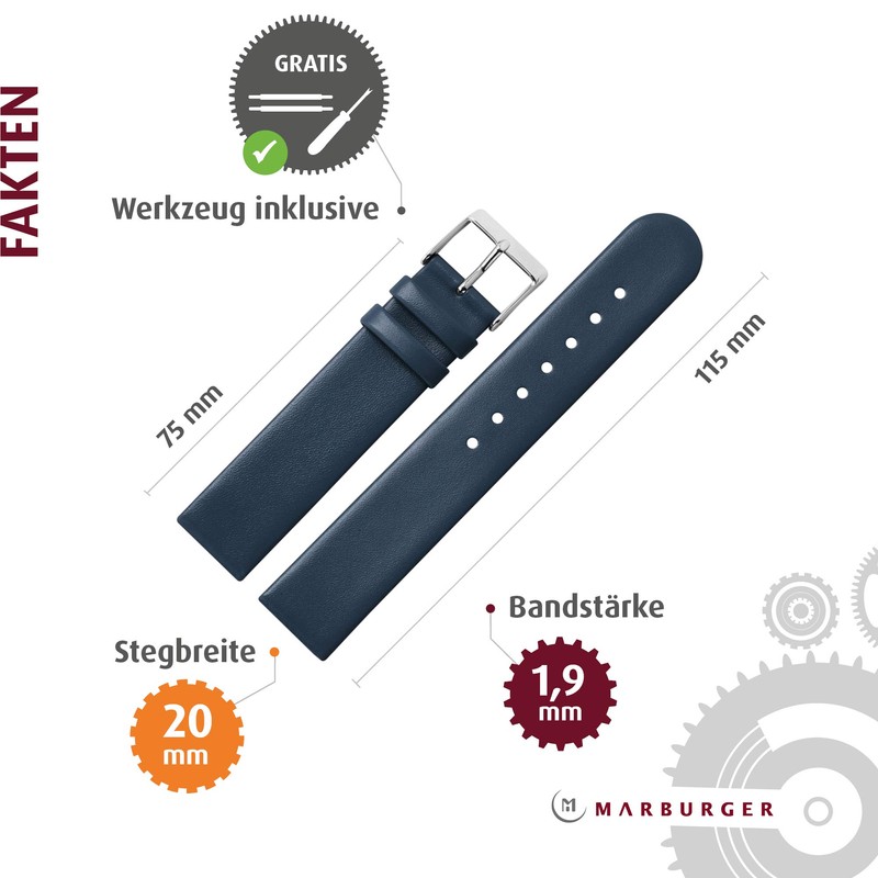 Marburger 76120 Watch Strap, 20 mm, Leather, Includes Assembly Tool