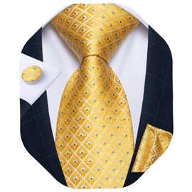 DiBanGu Mens Yellow Plaid Tie Woven Checkered Necktie with Pocket Square Cufflinks Set Wedding Party