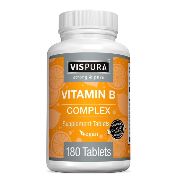 VISPURA Vitamin B-Complex, 180 Vegan Tablets, All B Vitamins Including B12, B1, B2, B3, B5, B6, B7, B9, Folic Acid, for Stress, Energy and Healthy Immune System*, Natural Supplement Without Additives