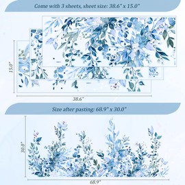 VePret Blue Plants Leaves Wall Decals Peel and Stick, Large Floral Flowers Vinyl Wall Stickers, Removable Vine Home Decor Art for Bedroom Living Room Classroom Office