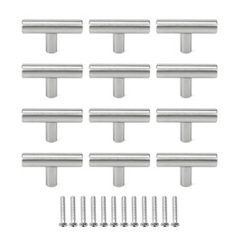 JZK 12 PCS Silver 5cm Small T Shape Kitchen Cupboard Door Handles with Screws, Brushed Stainless Steel Cabinet pulls, Hollow Single Hole knob for Wardrobe Doors and Drawers