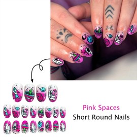 Extra Short Press on Nails Purple Fake Nails with Astronaut Spaceship Planet Gradient Designs 24 Pcs Natural Reusable Oval Acrylic Nail Full Cover Stick on Nail for Women WYFHDT
