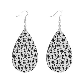 Halloween Black cat Skulls Pumpkins Seamless on White Copper Plated Silver Earring Wood Drop Lightweight Earrings