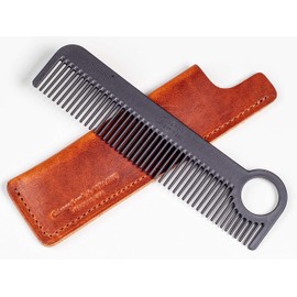 Chicago Comb Model 1 Carbon Fiber Comb + English Tan Horween leather sheath, Made in USA, ultimate pocket and travel comb, ultra smooth strong & light, anti-static, premium American leather sheath