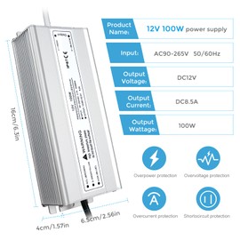 LED Driver Waterproof IP67 100W 12V LED Power Supply Transformer Adapter 110V AC to 12V DC Low Voltage Output with 3-Prong Plug 3.3 Feet Cable for LED Strip Lighting, Outdoor Use
