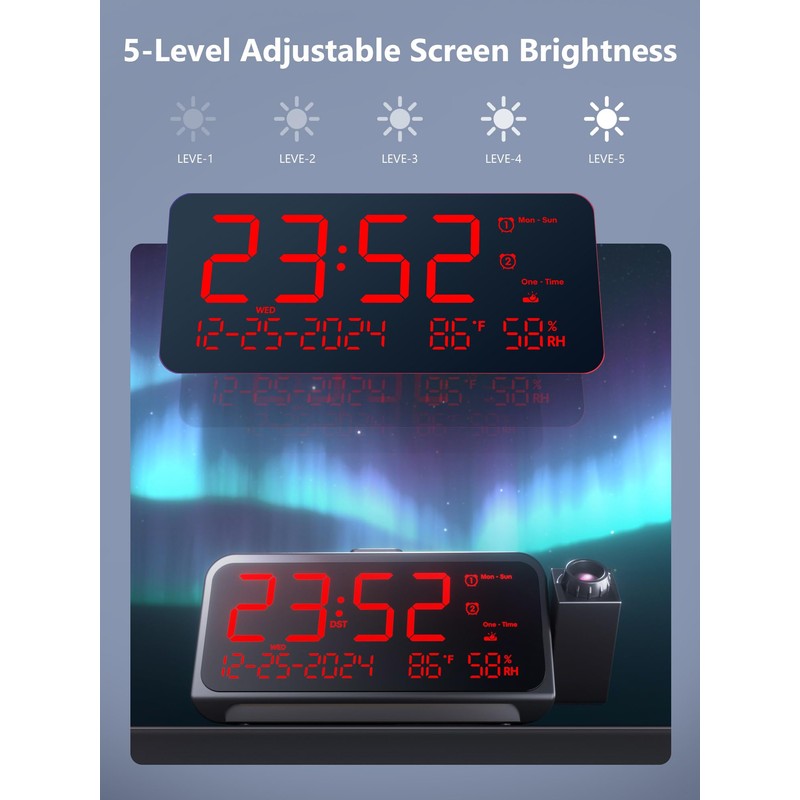 Projection Alarm Clock for Bedroom,Digital Clock with 350° Rotatable Projector,5-Level