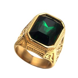 PAURO Men's Stainless Steel Vintage Wedding Promise Cubic Zirconia Ring with Big Stone Gold Green Size 10