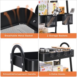 KINGRACK 3-Tier Rolling Cart, Mobile Utility Cart with Handle and Lockable Wheels, Storage Shelves Organizer Cart with 2 Hanging Bins 4 Hooks for Bathroom, Kitchen, Office, Black