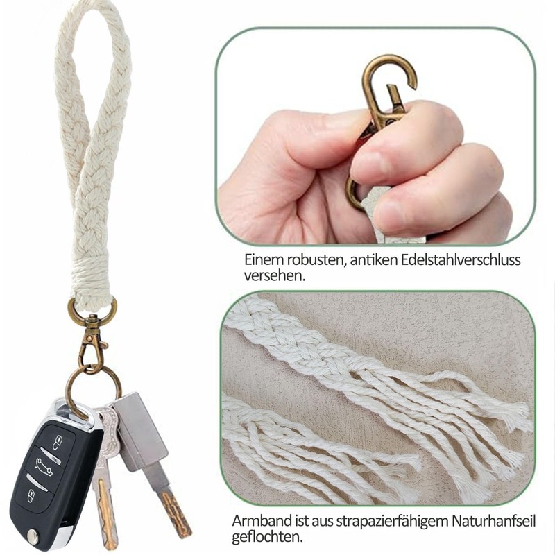 Artisoul Key Chain Short Bracelet Braided Keyring Macrame Lanyard, beige,
