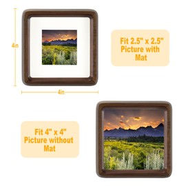 HELPLEX 4x4 Picture Frame Set of 2, Display Picture 2.5x2.5 with Mat or 4x4 Without Mat, Made of Natural Walnut Wood, HD Tempered Glass, 4 x 4 Picture Frames Square for Wall or Tabletop