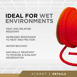 ATERET Twisted 3-Strand Red Polypropylene Rope Monofilament I 3/8" x 600 Feet I 3,780 lbs. Tensile Strength I Lightweight & Heavy-Duty Synthetic Cord for DIY Projects, Marine, Commercial Use