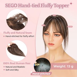 SEGO Hair Toppers for Women Real Human Hair with Wispy Bangs, 9 * 12.5 cm Hand-tied Base Invisible Edges Breathable Fluffy Clip in Top Hairpieces Add Volume -02 Mocha Brown