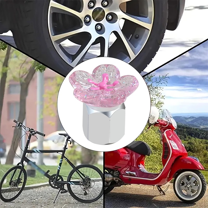 Xalvoria 4-Pack Pink Cherry Blossom Schrader Valve Caps (Silver)