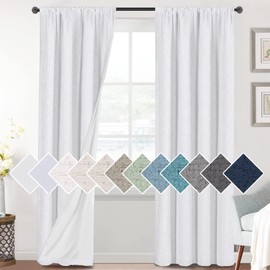 H.VERSAILTEX Linen Look 100% Blackout Curtains 95 Inches Long for Bedroom Rod Pocket 42 Inches Wide Linen Textured Thick Window Curtain Drapes with White Backing, Pure White, 2 Panels
