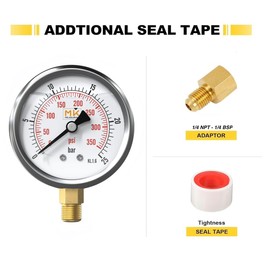 Pressure Gauge Glycerine 0-25 Bar 1/4 NPT Connection, Stainless Steel Housing with Integrated Teflon for Swimming Pool Sand Filter, Pressure Reducer, Air Pressure, Tyres, Water, Gas