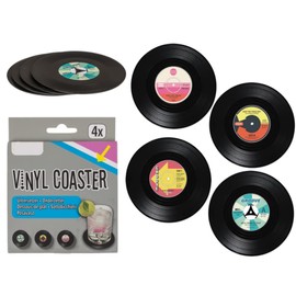 makio Coaster Set of 4 Round Wooden Coasters in Black - Original Vinyl Disc Design