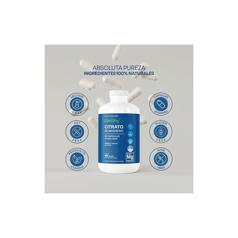 Wellthy Citrato de Magnesio Premium 500 Cápsulas 400mg. 100% Natural,