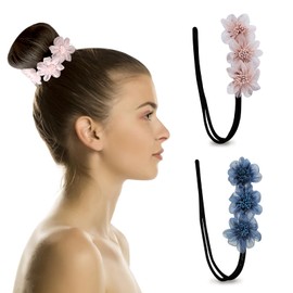 Andiker Hair Bun Maker, 2Pcs Bendable Hair Bun Shaper with Pearls and Flower, Magic Hair Bun Maker with Build-in Metal Strap for Women DIY Hair Styling Tool & Lazy Hairstyle Accessories (B)
